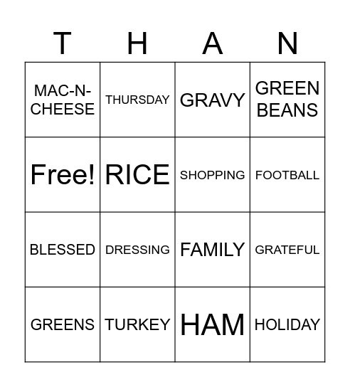 THANKSGIVING Bingo Card