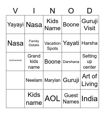 Vinod Uncles Birthday Celebration Bingo Card