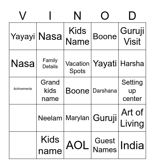 Vinod Uncles Birthday Celebration Bingo Card