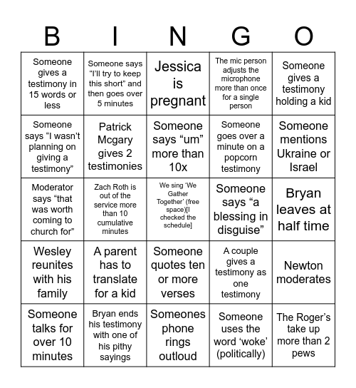 Praise Service 2025 Bingo Card