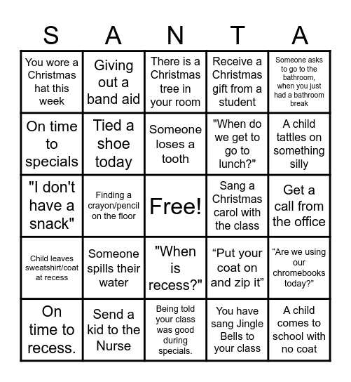Almost Winter Break Fun Bingo Card