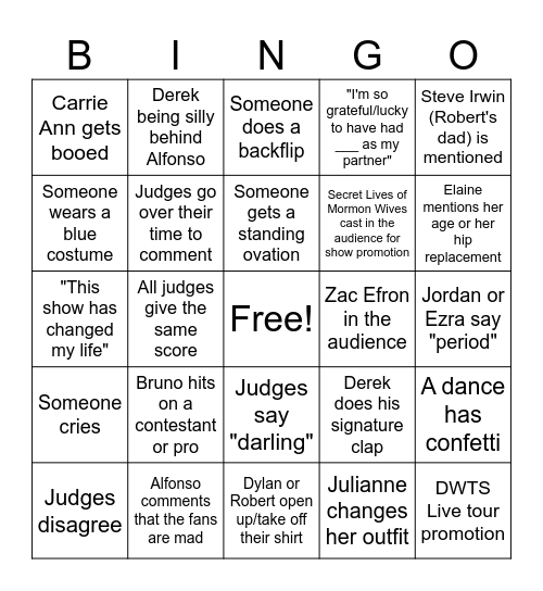 Dancing With The Stars Season 34 Finale Bingo Card