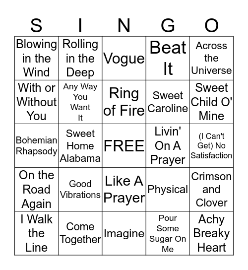 Music Bingo Card