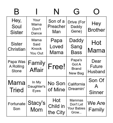 We Are Family Bingo Card