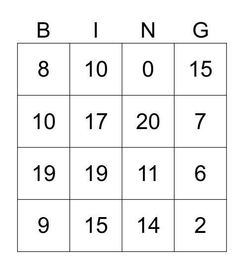 Los numeros 1-20 Bingo Card