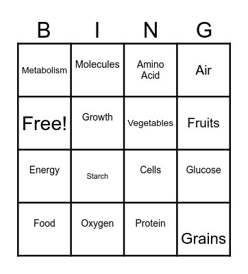 Metabolism Bingo Card
