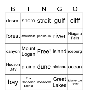 Foundations Socials 5-7: Geography terms Bingo Card