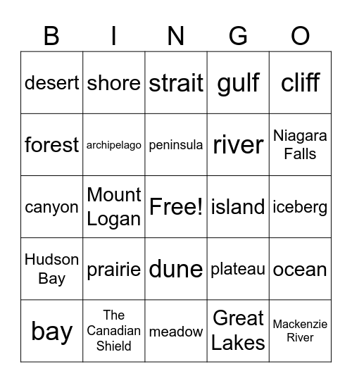 Foundations Socials 5-7: Geography terms Bingo Card