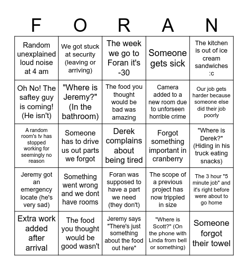Foran Bingo Card