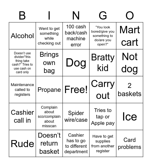 Walmart 360 cashier bingo Card