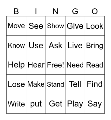 Verbs Bingo Card