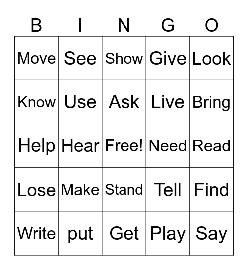 Verbs Bingo Card