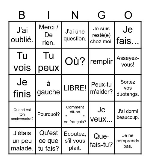 Les mots et expressions courants Bingo Card