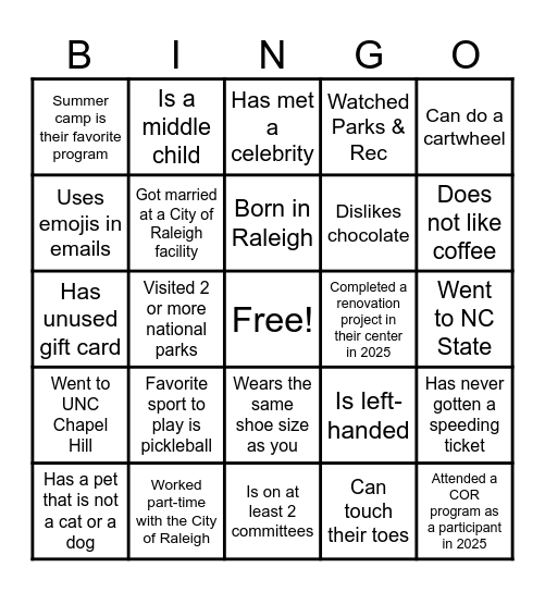 Community Center Winter Celebration 2025 Bingo Card