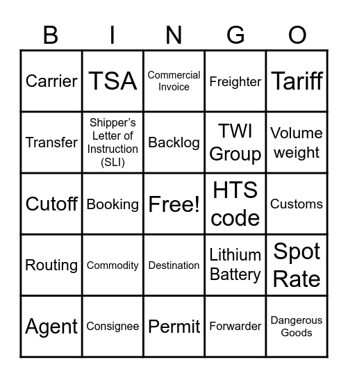 Air Freight Bingo Card