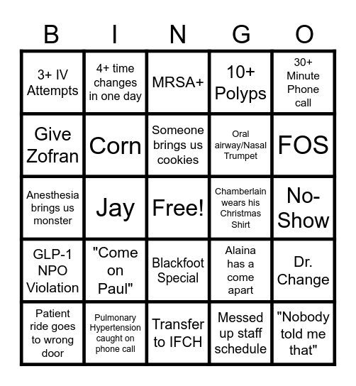 4th Quarter Endo Bingo Card