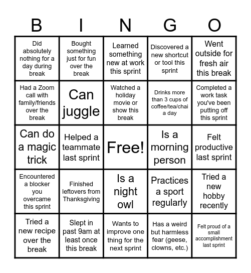 Sprint 23 Bingo Card