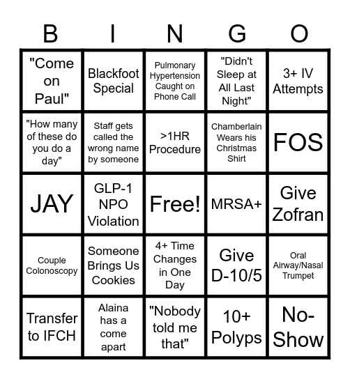 4th Quarter Endo Bingo Card