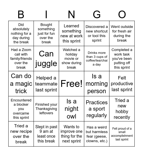 Sprint 23 Bingo Card