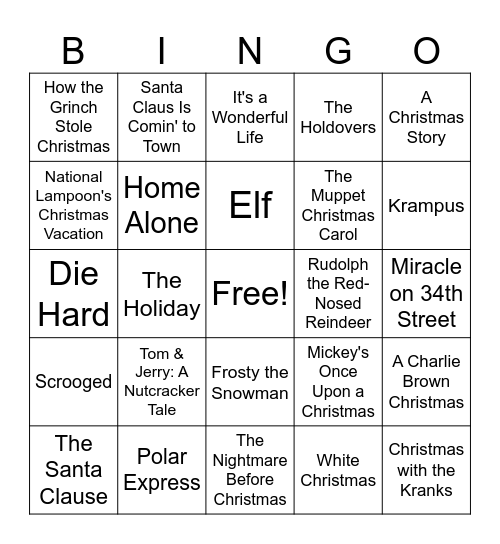 Christmas Movie Bingo Card
