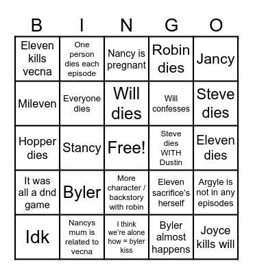 Stranger things Bingo Card