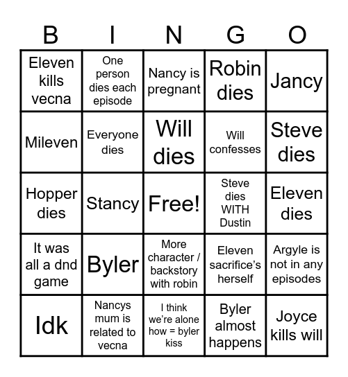 Stranger things Bingo Card