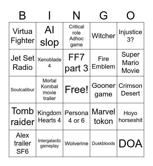 GameAwards '25 (b4 spon) Bingo Card
