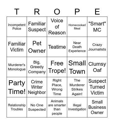 Cozy Murder Mystery Tropes Bingo Card