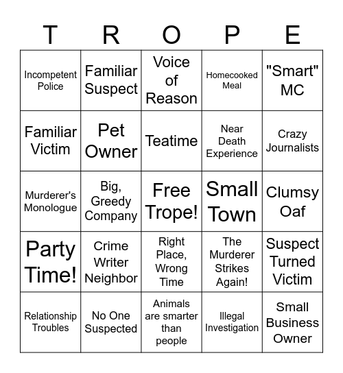 Cozy Murder Mystery Tropes Bingo Card