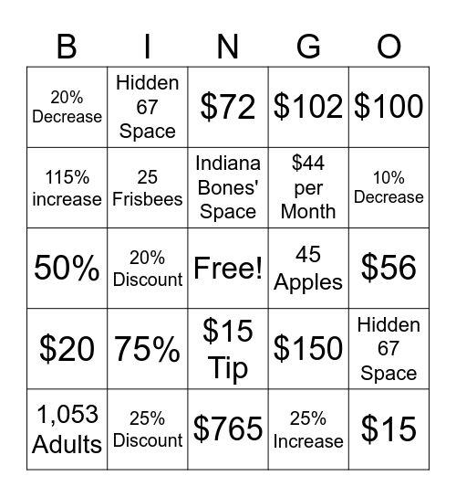 Percentages Bingo! Bingo Card