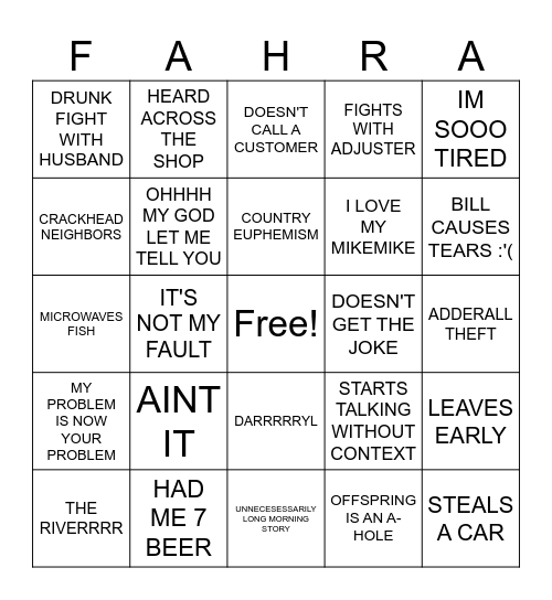 FAH-RAH Bingo Card