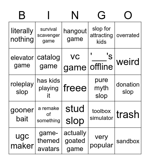roblox slop game card Bingo Card
