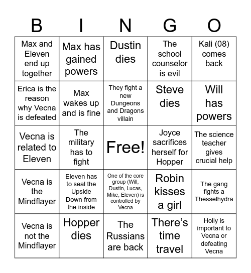 Stranger Things Bingo Card