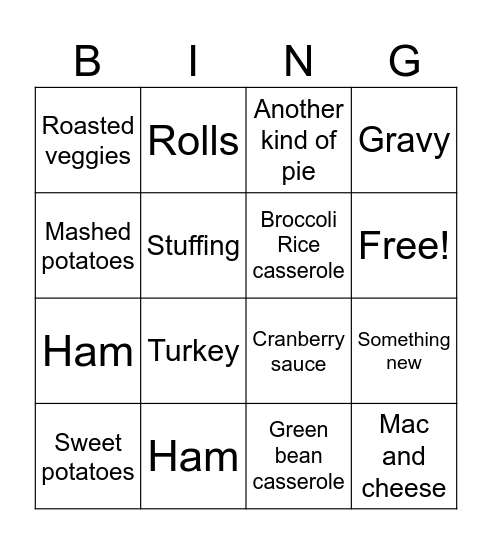 Thanksgiving food Bingo Card