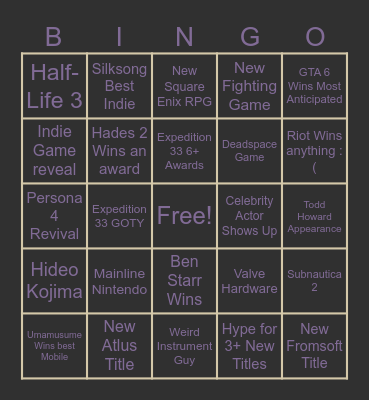 Game Awards Bingo Card