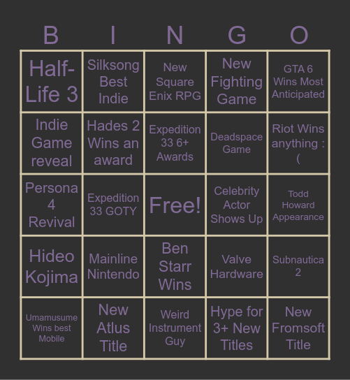 Game Awards Bingo Card