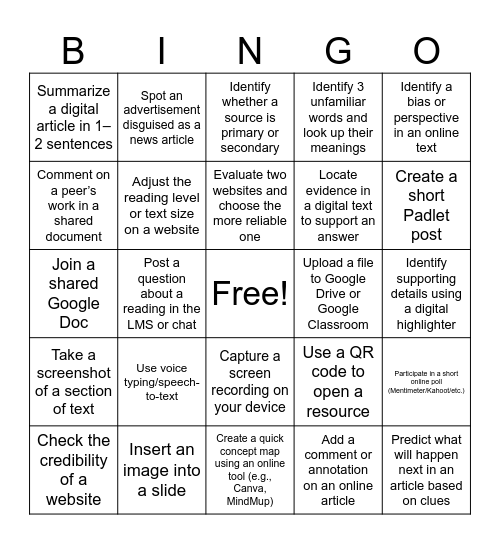 DIGITAL LITERACY BINGO Card