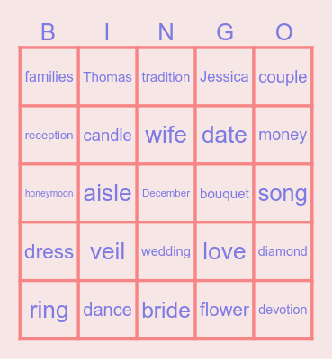 Jessica's Virtual Wedding Shower Bingo Card