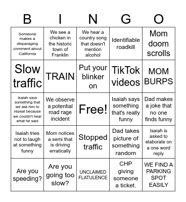Road Trip Bingo Card