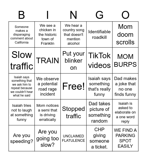 Road Trip Bingo Card
