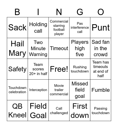Football Bingo Card