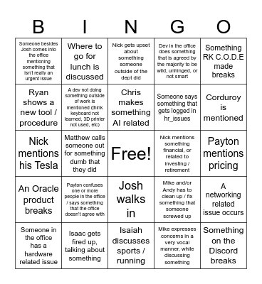 RK C.O.D.E Office Bingo Card