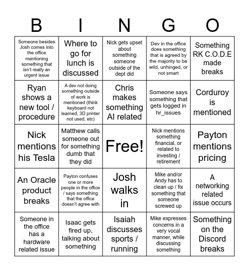 RK C.O.D.E Office Bingo Card