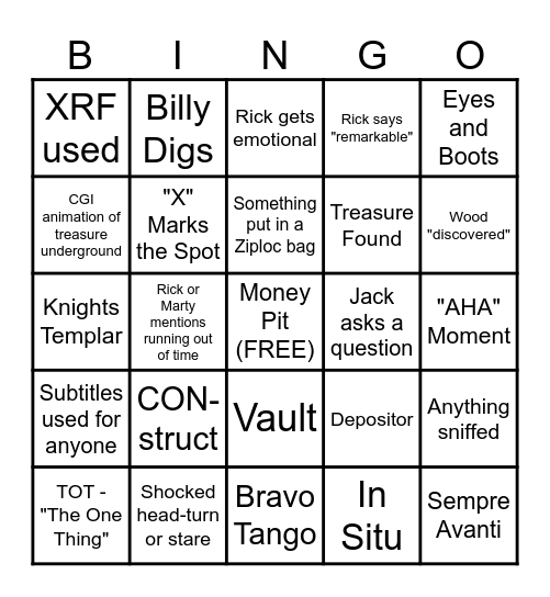 Curse of Oak Island Bingo Card