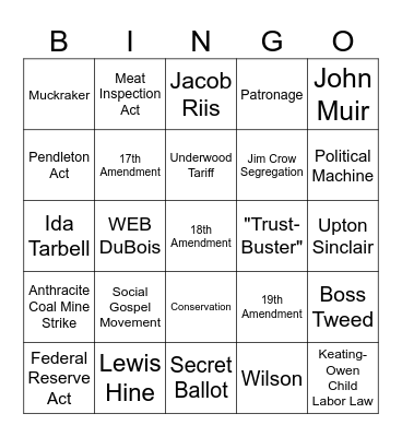 Progressive Era Bingo Card