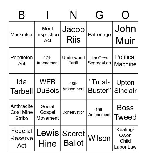 Progressive Era Bingo Card