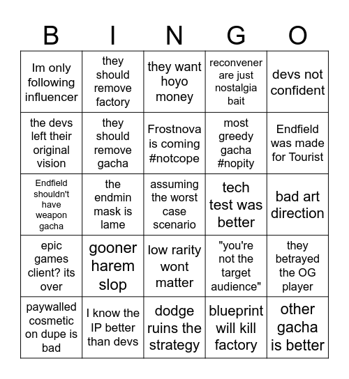 entitled Endfield takes Bingo Card
