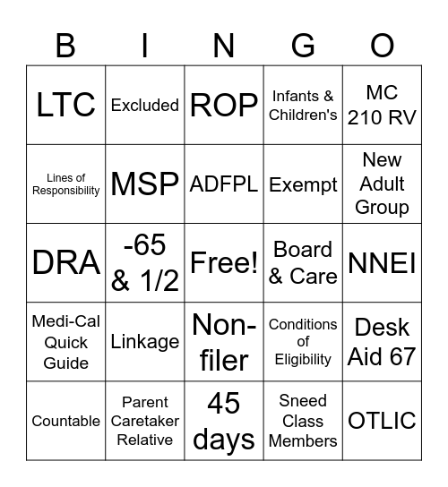 Medi-Cal Bingo Card