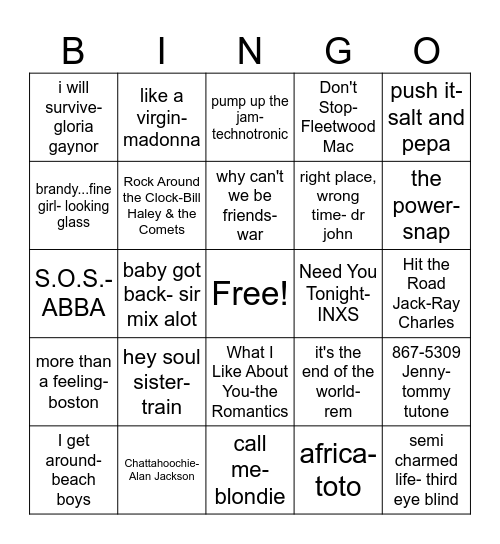 Fun Songs 2 Bingo Card