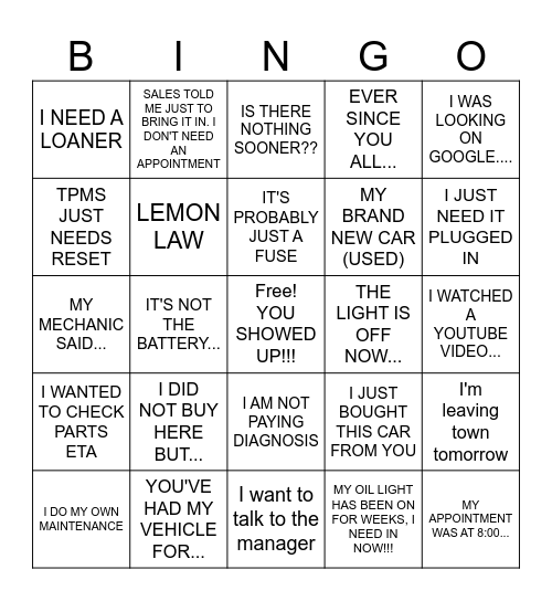 SERVICE DEPARTMENT BINGO Card